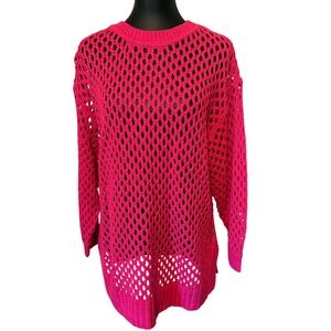 FCT WITH LOVE Hot Pink Open Knit Crochet Sweater Tunic 2X  Barbiecore
